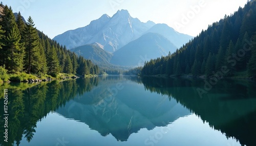 serene mountain lake reflected in still pine forest water surface calmness, pine, tranquility