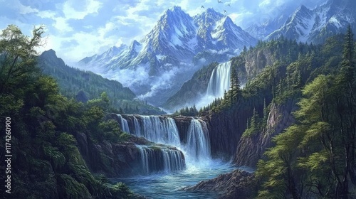 Majestic waterfall cascading through lush mountains under a clear blue sky with snow-capped peaks enhancing the serene landscape ambiance