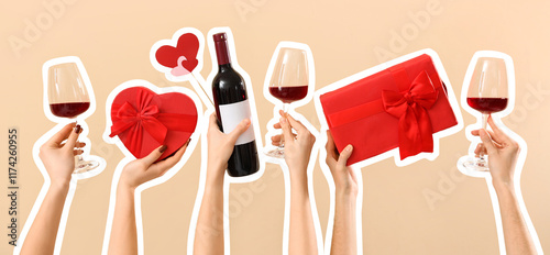 Women with red wine, gift b...