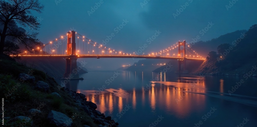Naklejka premium Nighttime scene of a glowing bridge with the river flowing beneath it in darkness, atmospheric, misty