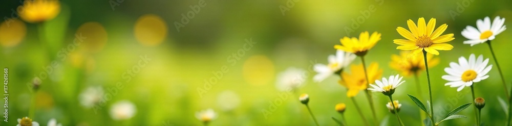 Obraz premium Yellow and white small daisy blooms in a serene garden landscape, yellow,