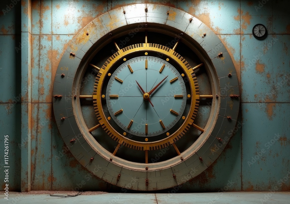 Old industrial clock mounted on a rusted wall in an abandoned warehouse Old industrial clock mounted on a rusted wall in an abandoned warehouse