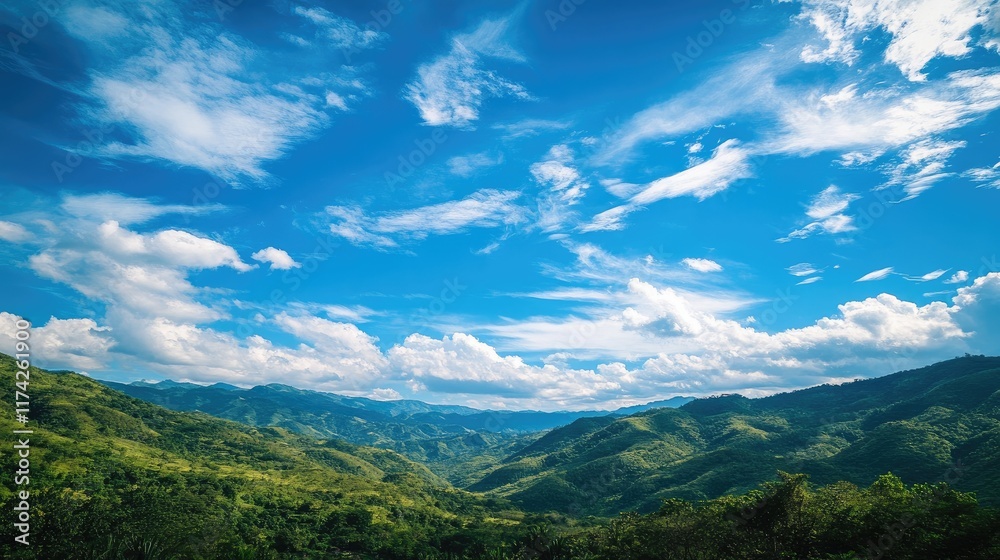 Lush green mountain landscape under a vibrant blue sky with soft clouds showcasing tranquil and serene natural beauty. Lush green mountain landscape under a vibrant blue sky with soft clouds showcasing tranquil and serene natural beauty.