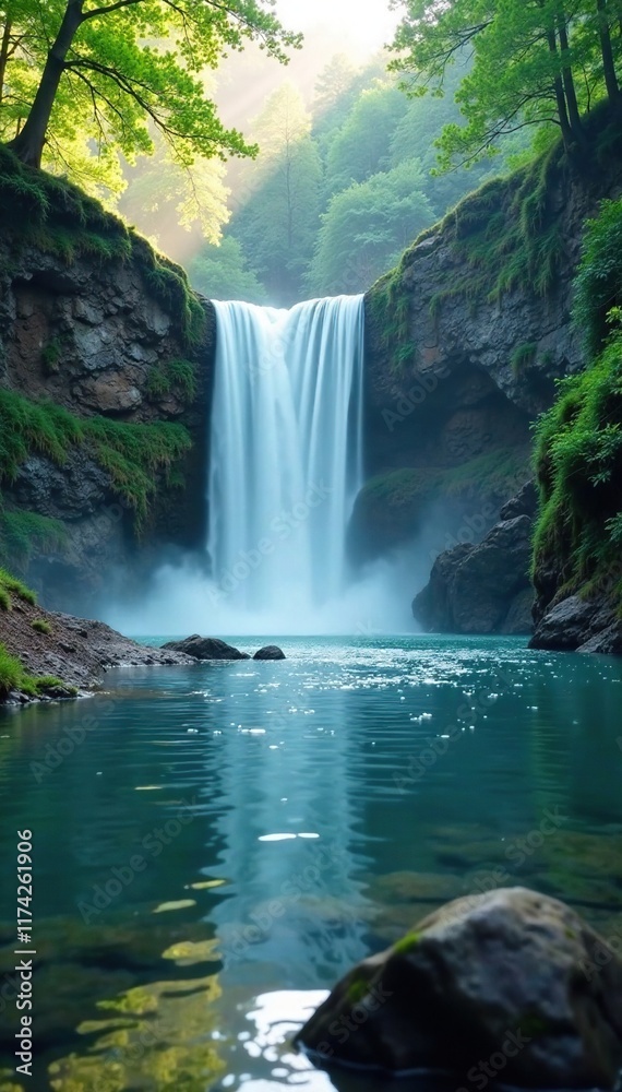 Naklejka premium Misty waterfall cascading into crystal clear river, misty, trees, peaceful