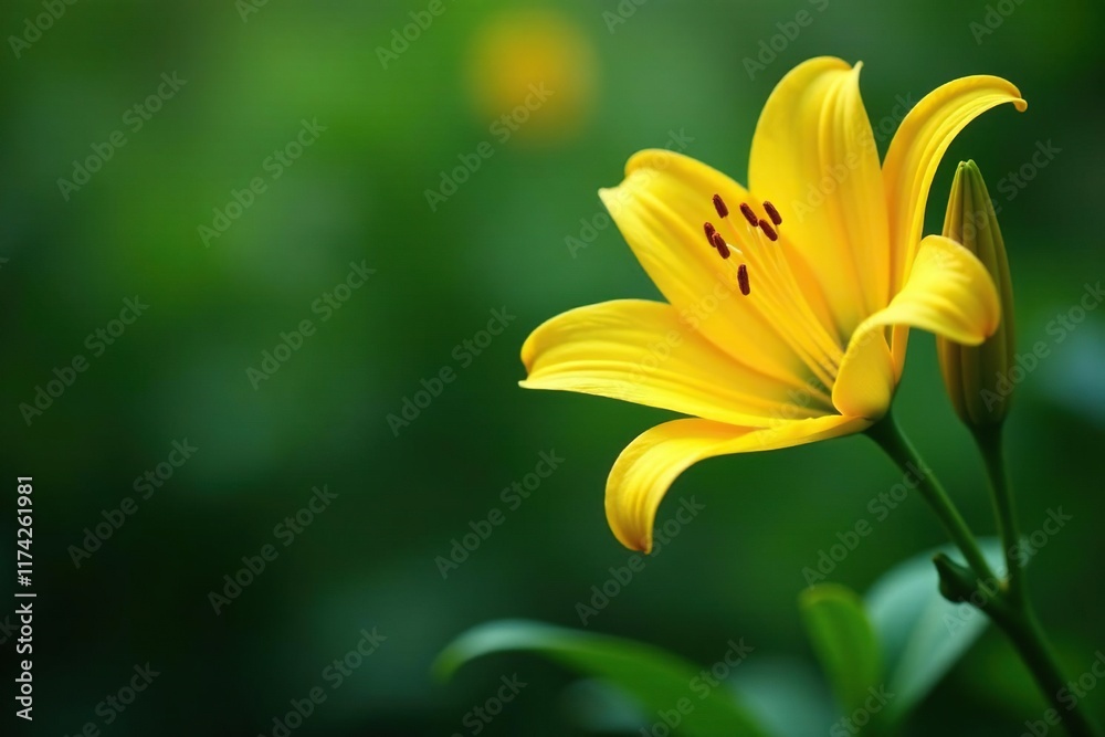 Large bright yellow lily bloom with prominent bud on mature green stalks, leafy, vegetation Large bright yellow lily bloom with prominent bud on mature green stalks, leafy, vegetation