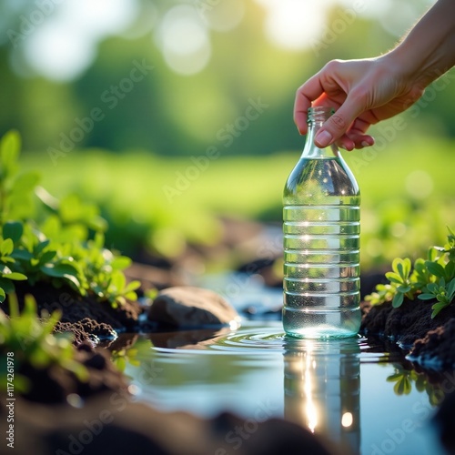 Gentle stream of artesian well water filling a bottle, gentle, water, well