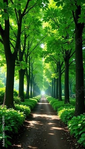 Lush green avenue lined with Peltophorum pterocarpum trees, greenery, copper seeds, photo