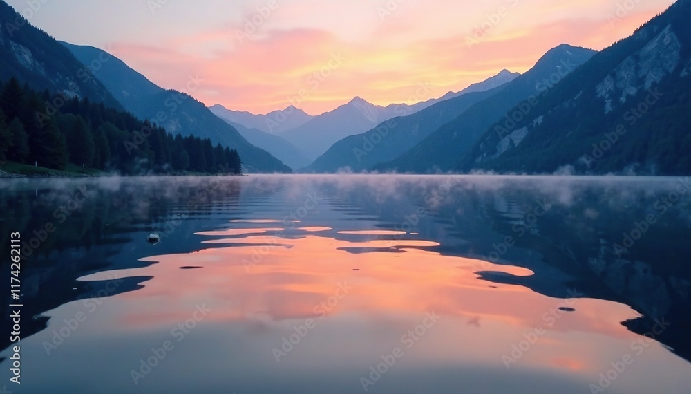 Water ripples on a still mountain lake at dawn, dawn, water, misty Water ripples on a still mountain lake at dawn, dawn, water, misty