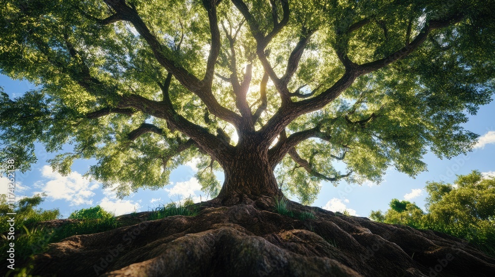 Fototapeta premium Majestic Ancient Tree with Expansive Canopy and Strong Roots Against Bright Sky Backdrop