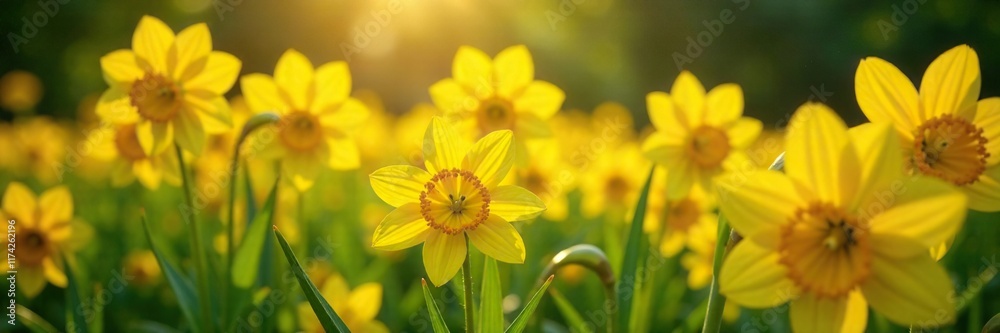 Obraz premium Sunlit garden bed with bright yellow Chetty flowers blooming, petals, floral