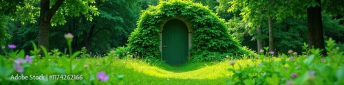 A lone door materializes in a lush green meadow, inviting exploration, foliage, verdant, doors photo