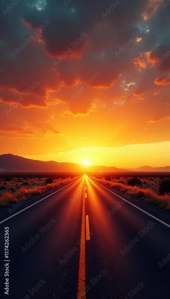 Naklejka premium Golden light illuminates a deserted highway at dusk, peaceful, open road, sunset