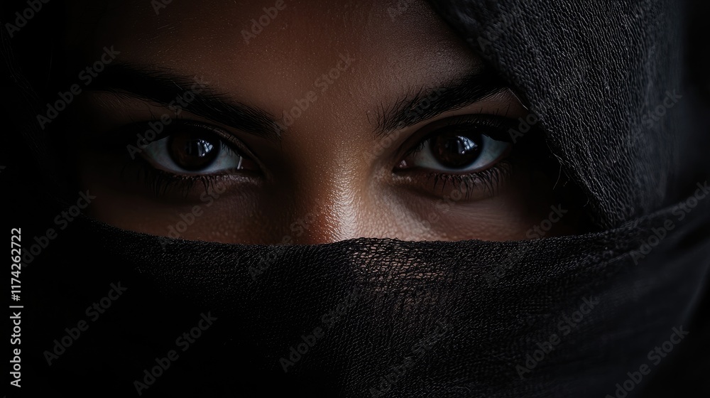 Intense close-up portrait of mysterious figure with striking eyes emerging from darkness highlighting raw emotion and enigmatic allure Intense close-up portrait of mysterious figure with striking eyes emerging from darkness highlighting raw emotion and enigmatic allure