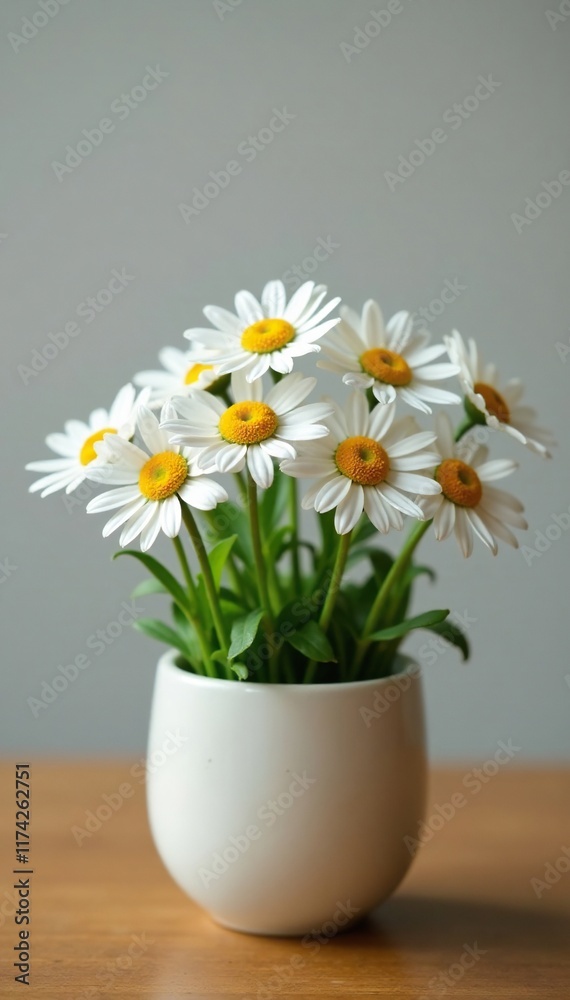 custom made wallpaper toronto digitalSmall white daisy flowers in a small ceramic pot on a wooden table, tiny white daisies, simple elegance