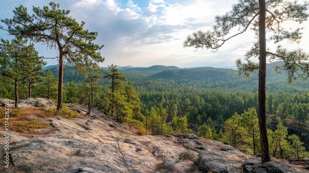 Scenic view of pine trees on rocky terrain in a forest landscape ideal for outdoor adventures and nature exploration copy space available Scenic view of pine trees on rocky terrain in a forest landscape ideal for outdoor adventures and nature exploration copy space available