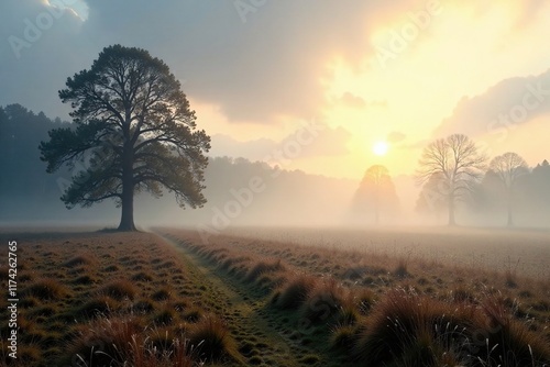 Sauerer Nebel am Morgen auf einer Wiesenfl?che, Landschaft, wiese photo