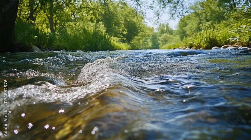 Serene river water surface with gentle waves and natural reflections surrounded by lush greenery and sunlight filtering through trees Serene river water surface with gentle waves and natural reflections surrounded by lush greenery and sunlight filtering through trees