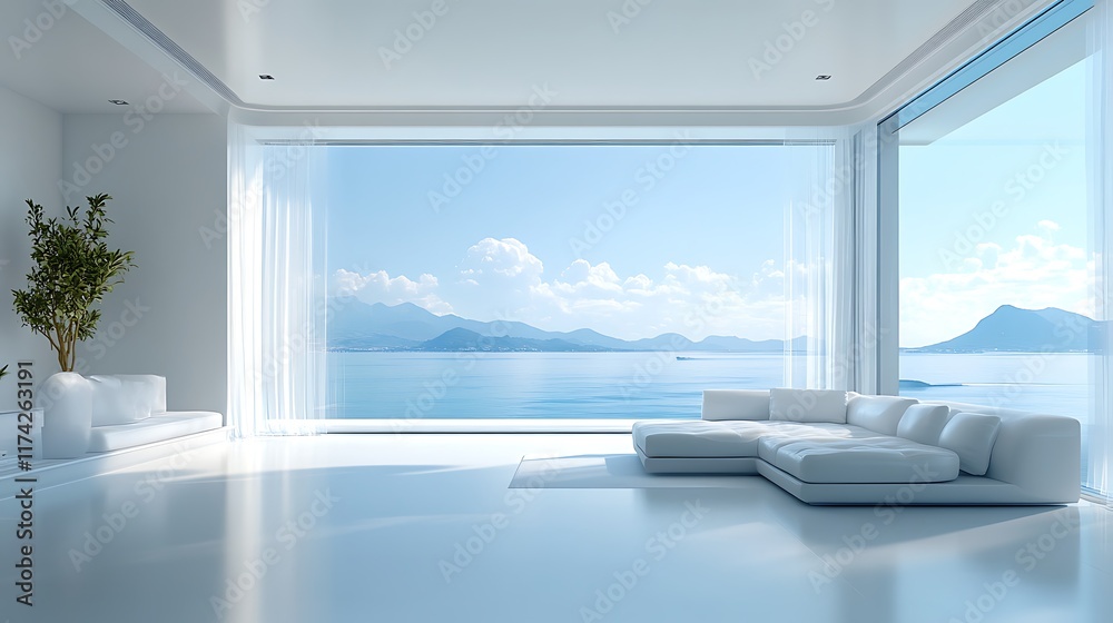 Fototapeta premium Contemporary living room with ocean view and tranquil atmosphere