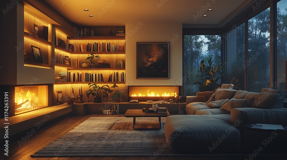 Fototapeta premium Modern home interior cozy living room with fireplace warmth