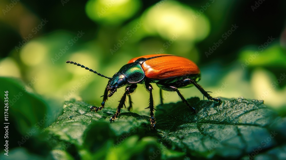 Naklejka premium Close-up of a vibrant beetle walking on lush green leaves in a garden setting showcasing detailed textures and natural beauty.