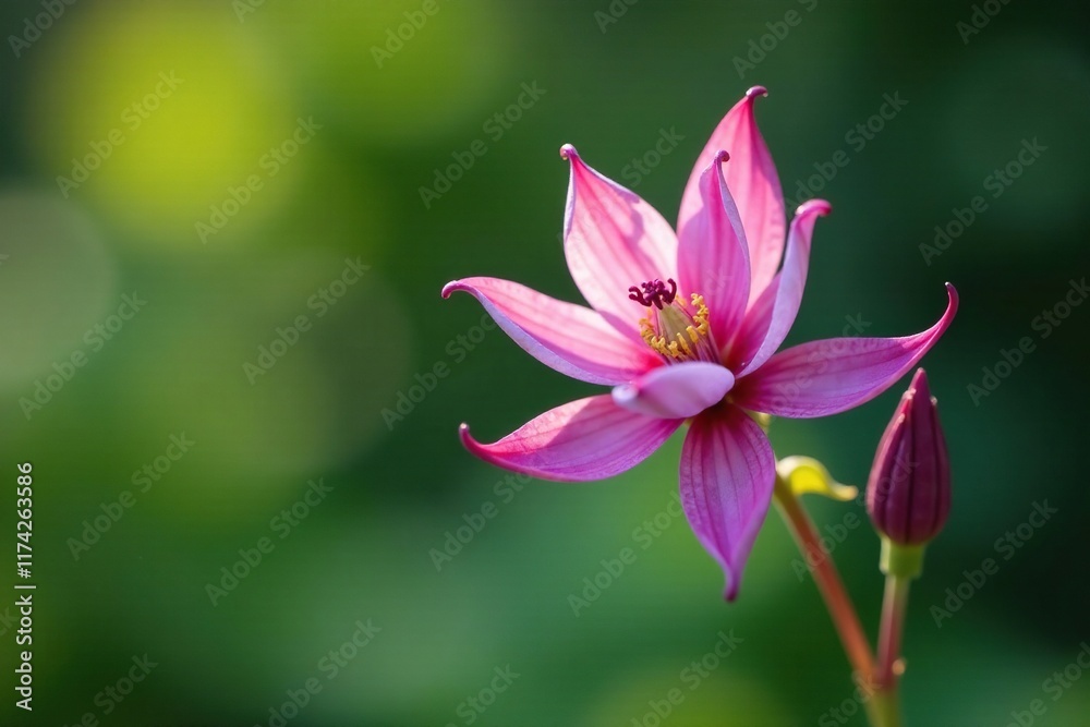 A single Columbine stem with delicate, curved blooms, aquilegia blooms, solo bloom, botanical garden A single Columbine stem with delicate, curved blooms, aquilegia blooms, solo bloom, botanical garden
