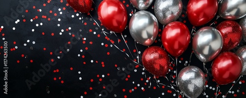 Bold red and silver balloons with shimmering confetti on a clean black solid background
