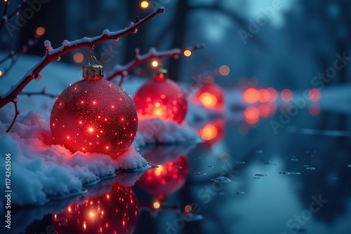 Twinkling xmas ball lights reflected on a frozen lake, frozen water, ice photo