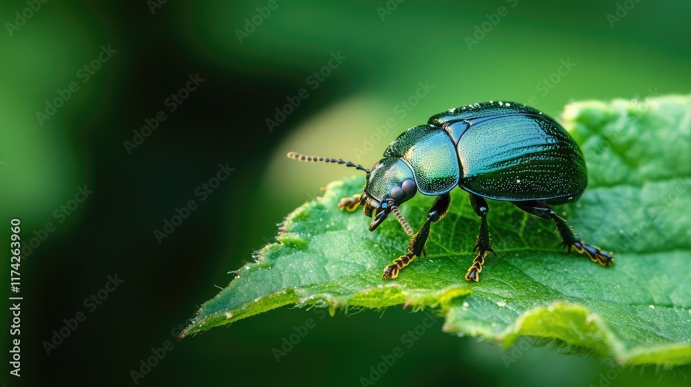 Vibrant metallic beetle perched on a green leaf showcasing intricate details in natural setting with blurred background. Vibrant metallic beetle perched on a green leaf showcasing intricate details in natural setting with blurred background.