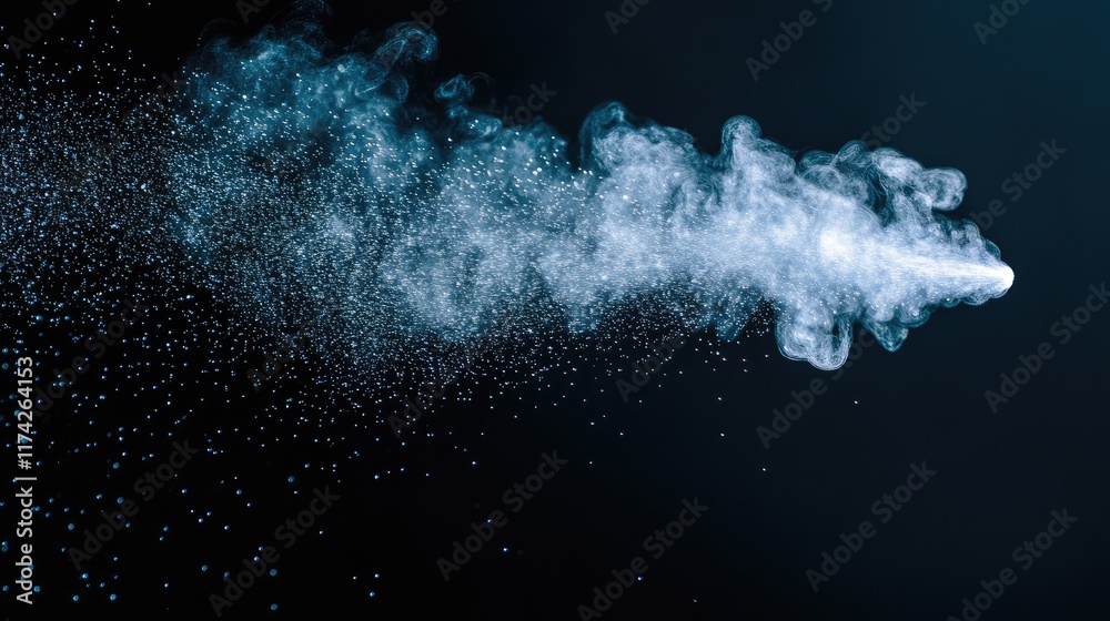 Obraz premium Water spray from an atomizer creating a misty cloud against a dark background for artistic and creative visuals