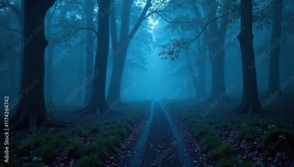 Naklejka premium Dense fog envelops the forest floor, a narrow blue-lit pathway unwinding into the depths, blue light, misty, atmosphere