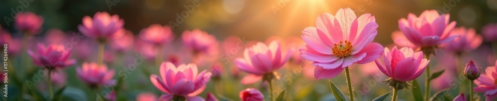 Gentle pink light on blooming flowers in garden, serene garden scene, delicate hues Gentle pink light on blooming flowers in garden, serene garden scene, delicate hues