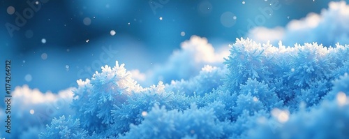 Delicate flakes in icy blue surround a frosty scene, frostytextures, snowyscene photo