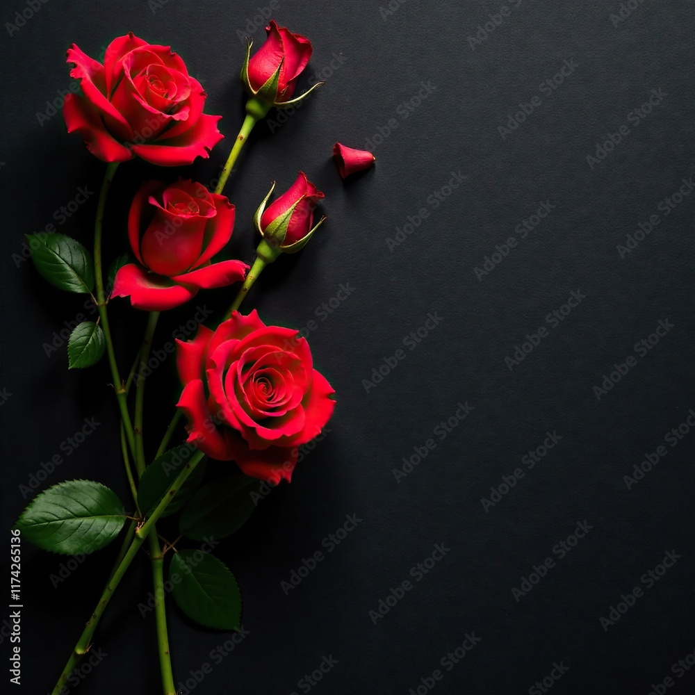 Fototapeta premium Red rose blooms on black canvas with subtle texture, nature, flora