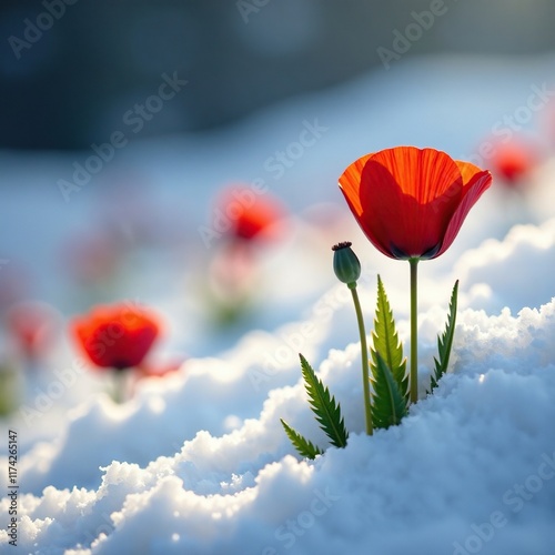 small red poppies peeking out from beneath the snow, flowers, snow, poppy photo