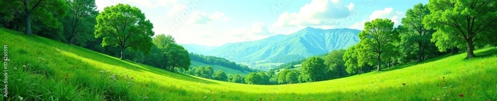 Obraz premium Serene green valley with towering trees and a clear sky, landscape, terrain