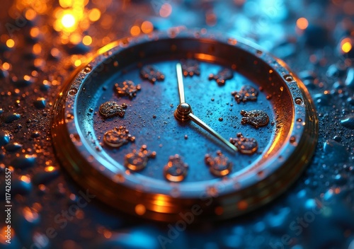 Close-up view of an ornate clock face surrounded by water droplets at dusk photo