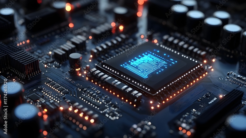 Closeup of a Futuristic Digital Data Transfer Technology Background with Circuits and Microchips Closeup of a Futuristic Digital Data Transfer Technology Background with Circuits and Microchips