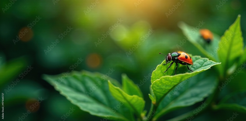 Warmly lit fireflies hovering around green leaves and stems, gentle hues, warm tones Warmly lit fireflies hovering around green leaves and stems, gentle hues, warm tones