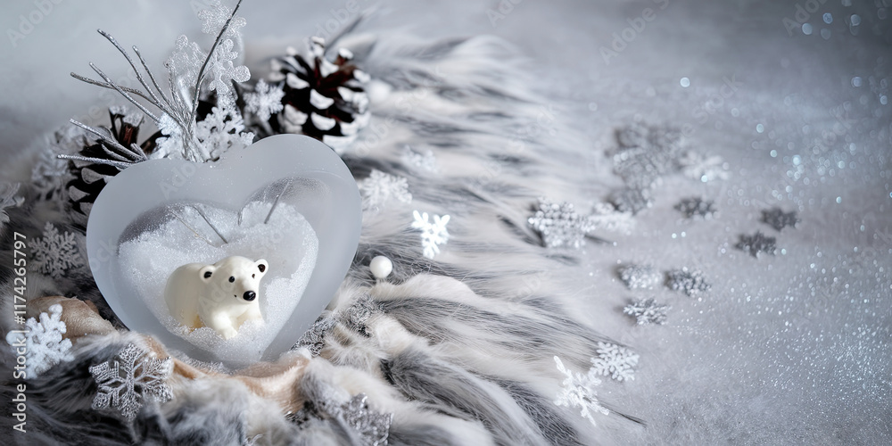 Obraz premium Heart Shaped Winter Scene with Polar Bear Figurine Snowflakes and Pine Cones