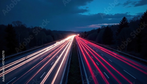 Electric highway lights stretching into the darkness, Night Sky, Highway Lights