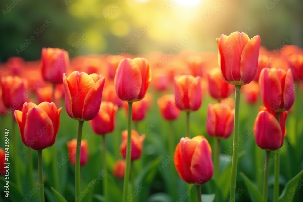 A serene and peaceful field of tulips with a soft morning light, tulips, field A serene and peaceful field of tulips with a soft morning light, tulips, field