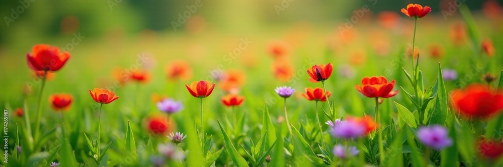 Bright red and purple flowers in a field of green grass, isolated, solitary, blooming Bright red and purple flowers in a field of green grass, isolated, solitary, blooming