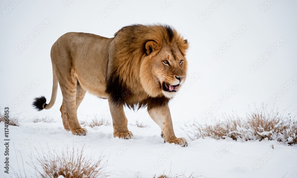Obraz premium 포효하는 사자 겨울철 눈밭에 서있다