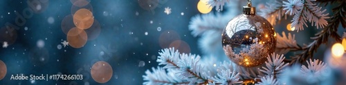 Elegant mirror ball adorns the top of a frosty white Christmas tree, mirror ball, icy lights, wintry wonderland photo