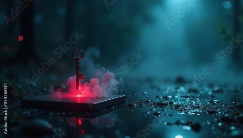 Foggy scene with a glowing key hovering near a pad, dark, mysterious photo