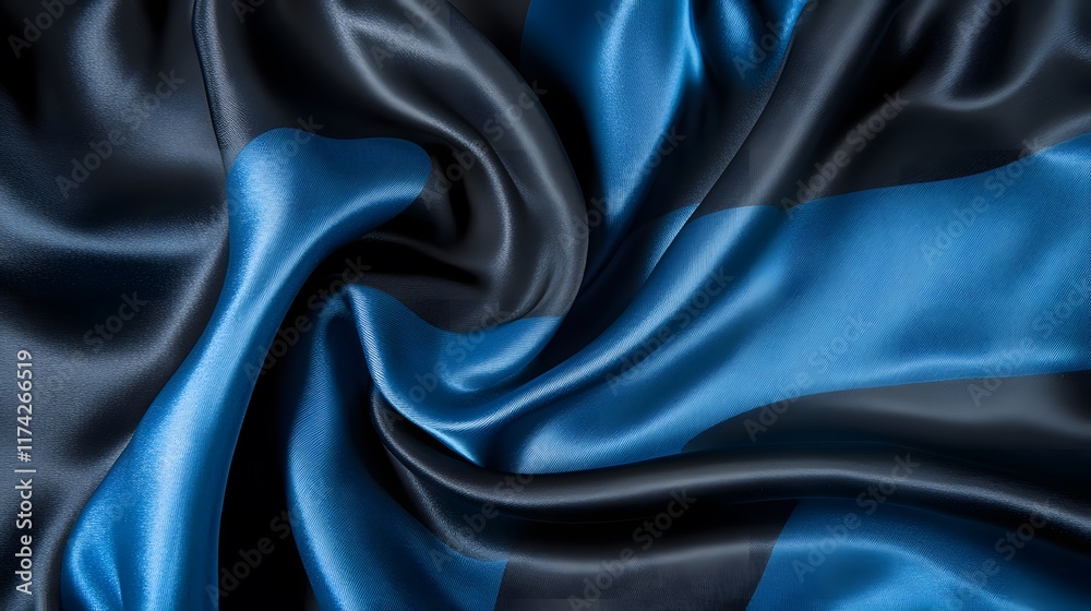Obraz premium Abstract technology background features a luxurious, shiny black and blue satin fabric with a dark, soft wave pattern, creating a blurred, beautiful texture reminiscent of silk