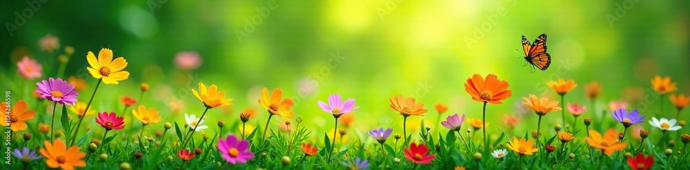 Colorful flowers blooming in a lush green meadow, pollination, meadow, butterflies Colorful flowers blooming in a lush green meadow, pollination, meadow, butterflies