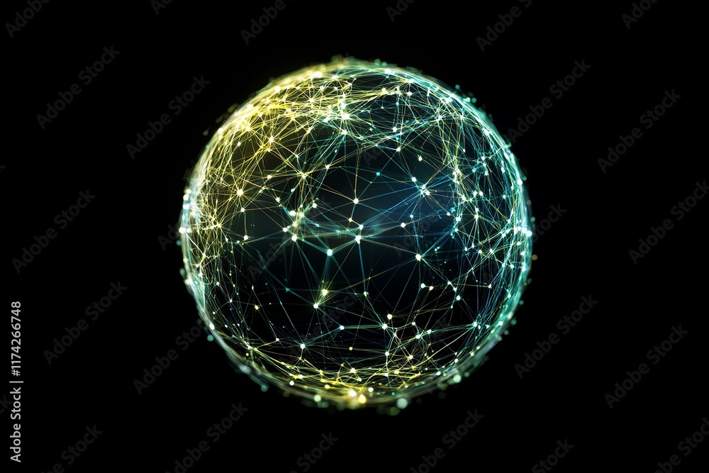 Abstract digital globe with lines and nodes, illustrating global network connections and worldwide communication, modern technological connectivity concept
