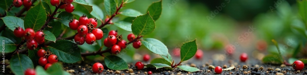 Red berries on Cotoneaster leaves and stems scattered around the base of a tree, holly, garden, cotoneaster Red berries on Cotoneaster leaves and stems scattered around the base of a tree, holly, garden, cotoneaster
