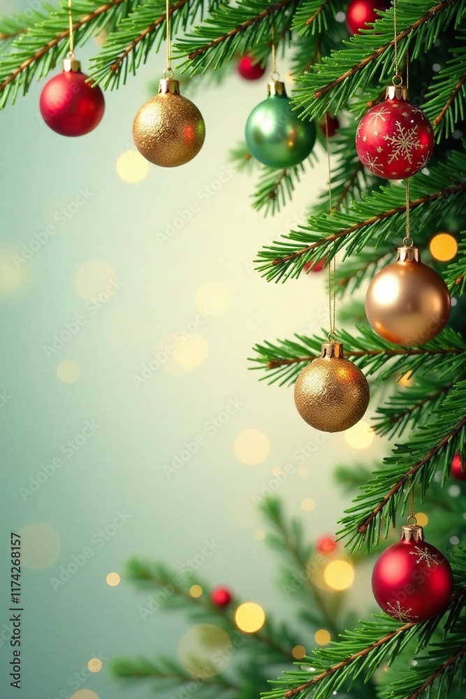 Garlands of green and gold hanging from a branch with colorful ornaments, Christmas, colorful, garland Garlands of green and gold hanging from a branch with colorful ornaments, Christmas, colorful, garland